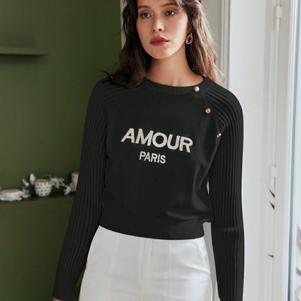 Black Preppy Womens Letter Graphic Button Detail Raglan Sleeve Sweater